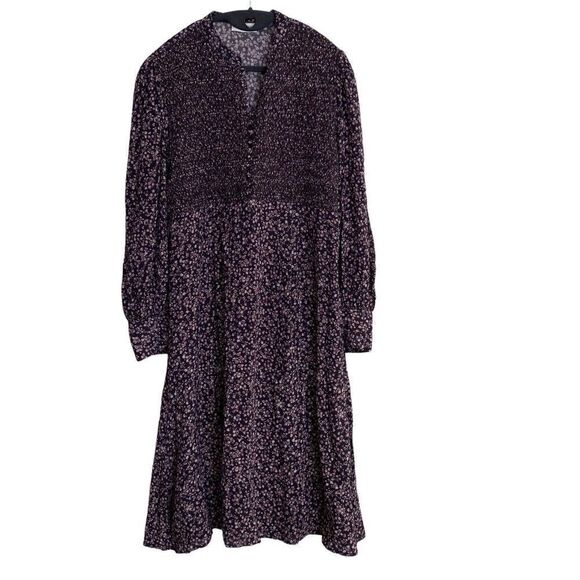 SAINT HELENA Chiffon Floral Purple Smocked Long Sleeve Dress SIZE S Pockets - Picture 1 of 9